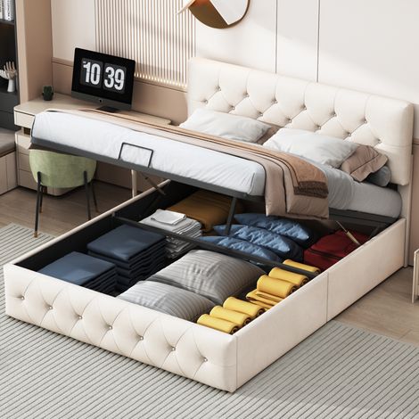Dans Les Nuages – Lit coffre 160x200 cm – Rangement pratique avec mécanisme à vérin à gaz – Cadre en métal et sommier à lattes en bois – Velours beige capitonné — photo 1