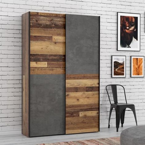 Les Tendances – Armoire coulissante 2 portes 120x42x190,5 cm – Panneaux de particules – Finition vieux bois vintage et béton gris foncé – 6 tablettes — photo 2