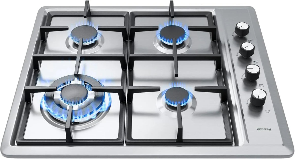 2026 IsEasy Plaque Gaz 4 Feux Inox, Plaque de Cuisson Gaz 4 feux Encastrable, Table de cuisson 60cm, Gazs Ville et Bouteille(