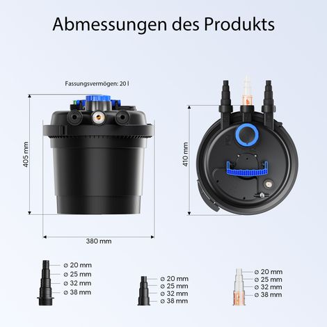 Wiltec CPF-180 Filtre de bassin à pression avec stérilisation UV - 380 x 380 x 400 mm - 11 W / étang 6000 l max. / réservoir 20 l - Nettoyage facile - Filtration eau à grand débit — photo 3