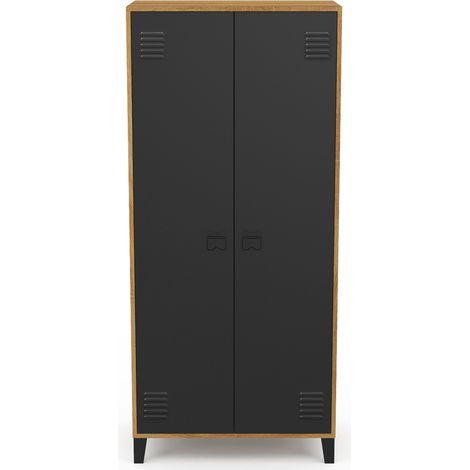 Idmarket – Armoire vestiaire penderie 2 portes métal noir – Contour bois – Longueur 76 cm – Hauteur 170 cm – Design industriel — photo 3