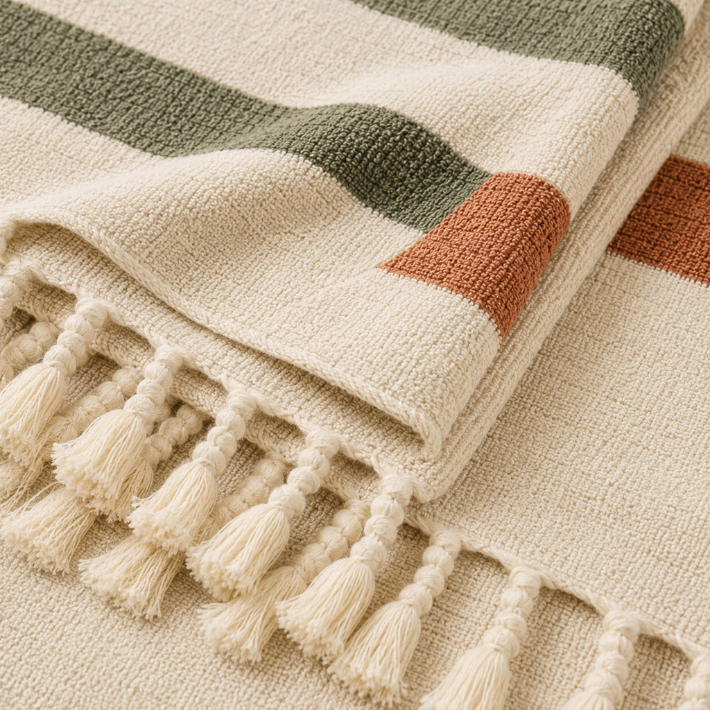 Serviette de plage Calanques XXL – Coton doux à franges méditerranéennes