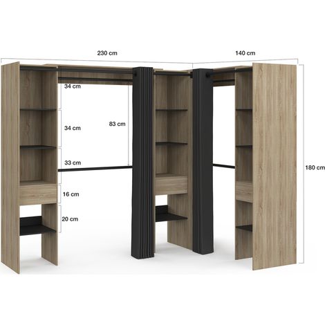 Idmarket – Dressing extensible d'angle 230 x 140 x 180 cm – Bois hêtre et noir – 4 penderies, 12 étagères, 3 tiroirs – Rideaux noirs inclus — photo 4