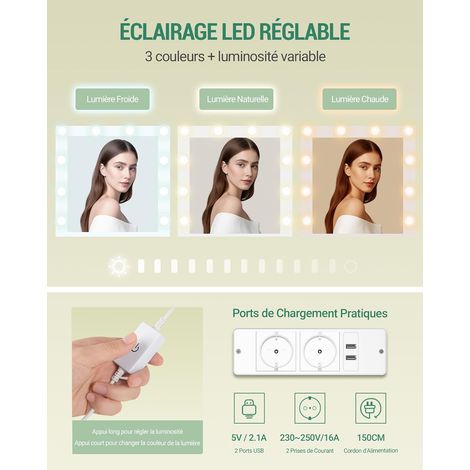 Coiffeuse enfant avec éclairage LED – Grand plateau 108 cm – 2 tiroirs et rangement pour bijoux – Prise et support pour sèche-cheveux — photo 2