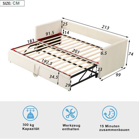 Sunfecili – Canapé-lit gigogne 90/180x200 – Lit rembourré en velours doux – Sommier à lattes – Transformable pour petits espaces — photo 2