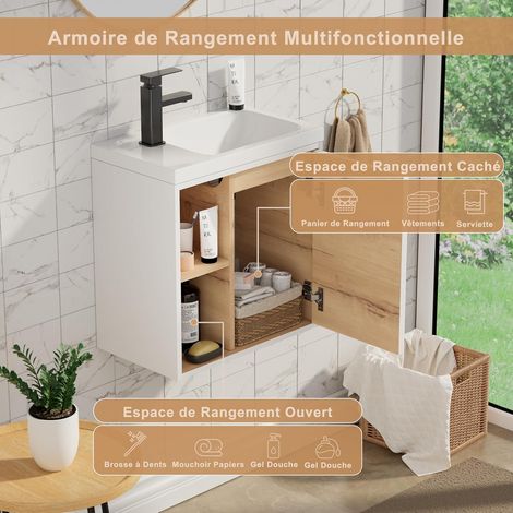 UEV – Meuble lave-mains mural 51 x 30,5 x 54 cm – Lavabo en résine anti-taches – Rangement caché et ouvert – Design moderne blanc — photo 3