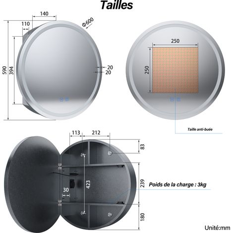 SIRHONA Armoire de toilette ronde à LED avec prise rasoir désembuage 3 modes d'éclairage 600x600mm Armoire murale de salle de bain — photo 5