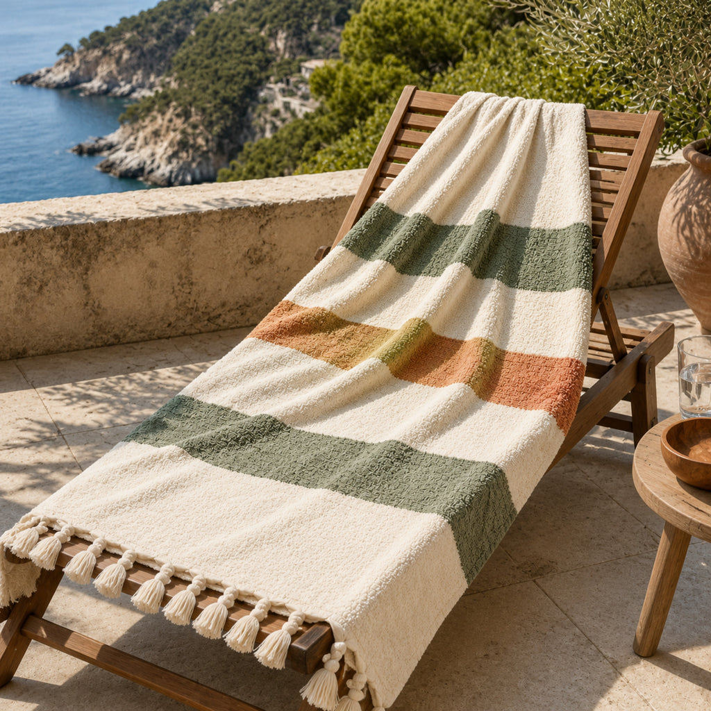 Serviette de plage Calanques XXL – Coton doux à franges méditerranéennes