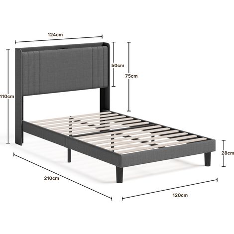 Lit Simple Capitonné 120 x 200 cm avec Prise et Tête de Lit LED Réglable Rangement Bealife Sommier à Lattes Tissu en Lin Lit Enfant Adolescent Gris Foncé — photo 3