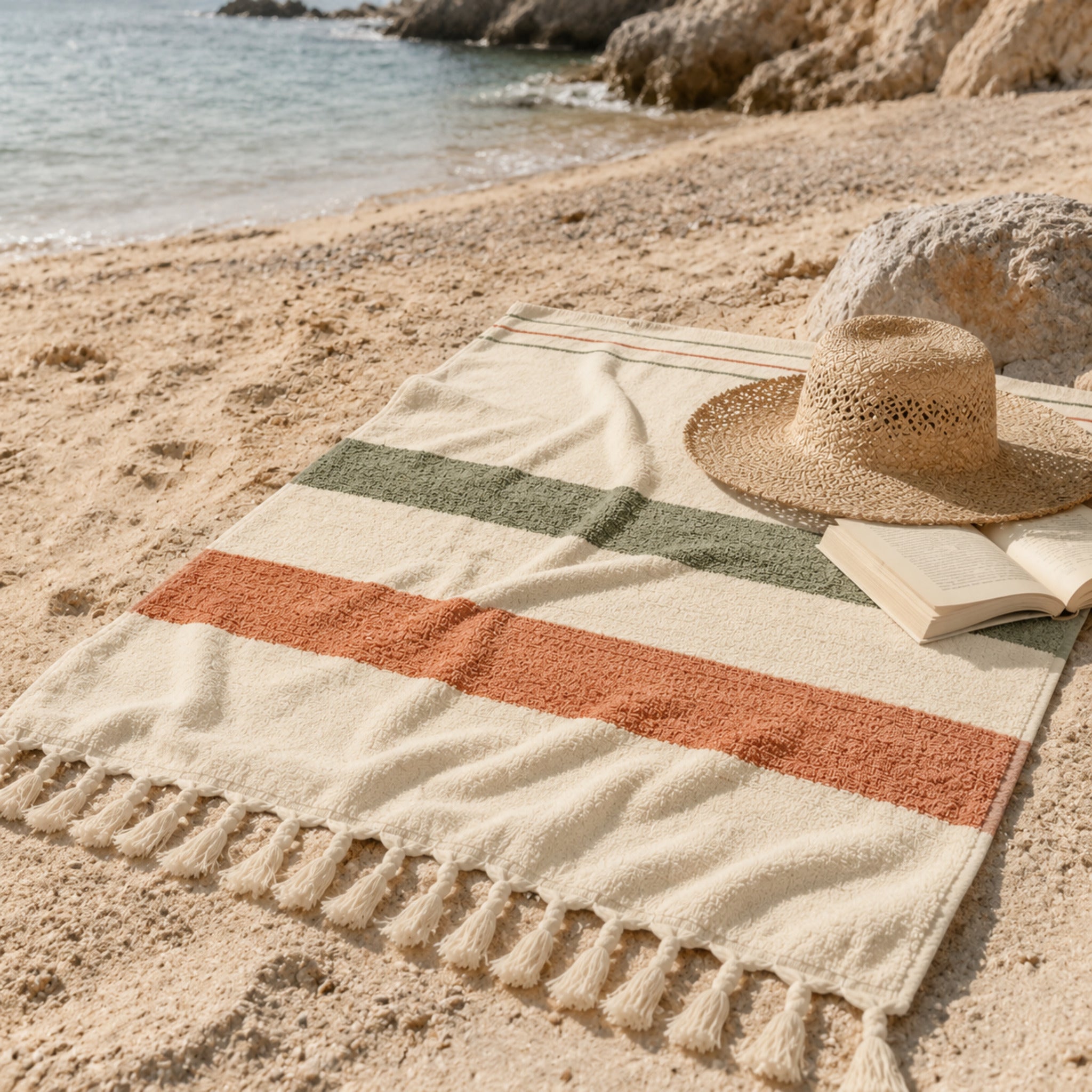 Serviette de plage Calanques XXL – Coton doux à franges méditerranéennes