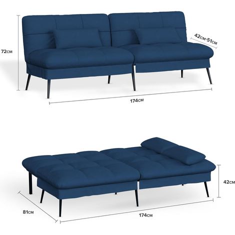 Comhoma – Canapé convertible 3 places en velours de coton – Dossier réglable 5 niveaux – Dimensions 174x55x72 cm – Pieds métalliques pour stabilité – Bleu — photo 4