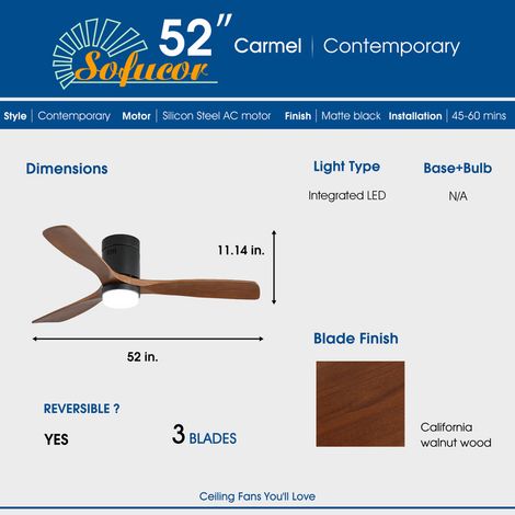 Ventilateur de plafond 132 cm – 3 pales en bois massif – Moteur CC réversible – Télécommande 6 vitesses – Corps noir, lames noyer — photo 3