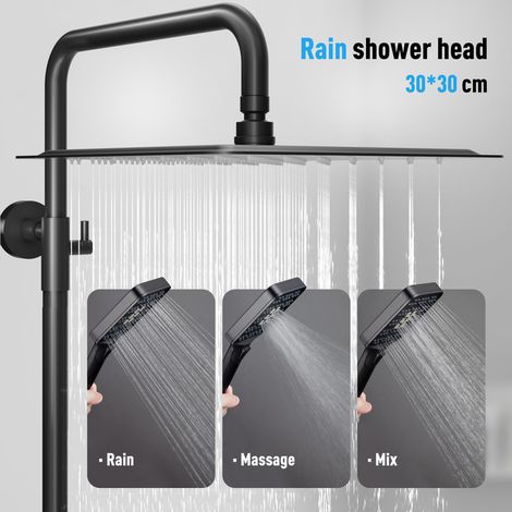 Colonne de douche thermostatique noire – Douche de tête carrée 30 x 30 cm en acier inoxydable – Thermostat avec sécurité à 38℃ – Pommeau pivotant 360° — photo 2