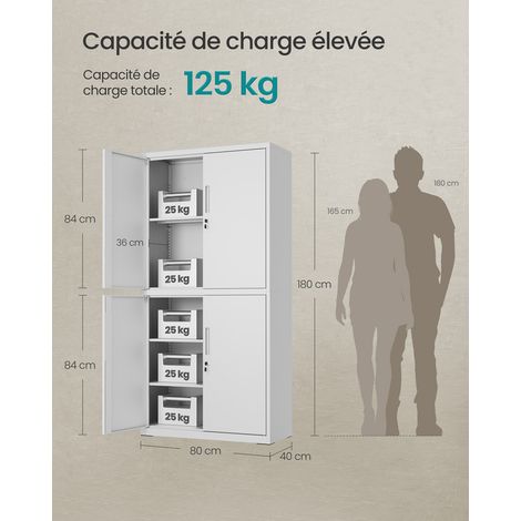 Songmics – Armoire d'atelier en métal gris 40 x 80 x 180 cm – 5 étagères réglables – 4 portes avec 2 serrures – Charge max 25 kg par niveau — photo 5