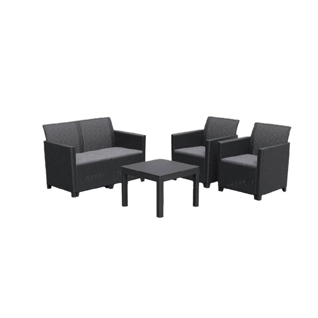 2026 Salon de jardin 4 places en résine tressée noire – table basse + coussins gris