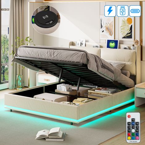 Lit coffre 140x190 cm, 2 places, avec LED, rangement, USB-A/C, sans fil charge, sommier à lattes en bois, cadre en métal, lit capitonné en velours - Beige — photo 1