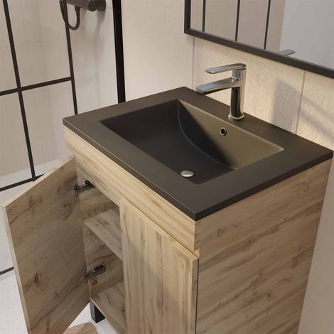 meuble salle de bains 60cm décor chene naturel 2 portes - vasque noire et miroir - timber — photo 2