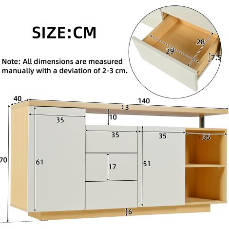 Aparador de 140 cm con iluminación LED, 2 puertas, 3 cajones y 2 compartimentos abiertos para salón y comedor, blanco y color madera — photo 3
