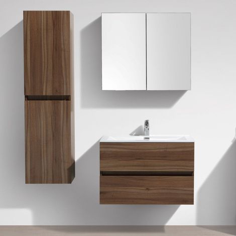 Stano. – Meuble salle de bain suspendu 80 cm – Vasque en marbre synthétique blanc – Noyer mélaminé – Tiroirs avec rails amortisseurs — photo 2