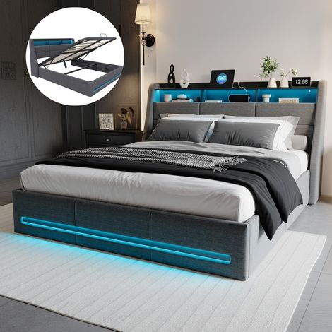 Eifson – Lit coffre double 160x200 cm – Éclairage LED orientable – Rangement hydraulique – Chargement USB – Structure métal – Lin gris — photo 1