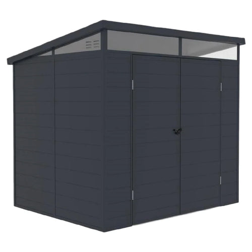 2026 Abri de jardin en métal moderne à toit monopente avec bandeau lumineux – double porte verrouillable – gris anthracite