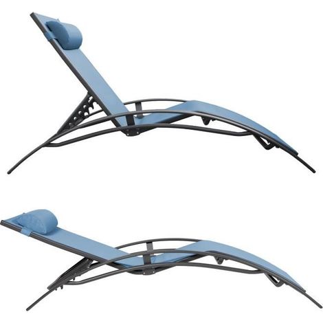 Happy Garden – Lot de 2 transats GALAPAGOS en textilène bleu gris – Structure aluminium gris anthracite – Dossier inclinable 5 niveaux – Confort optimal — photo 3