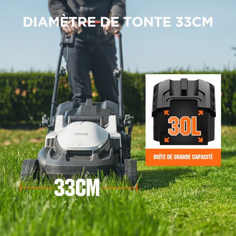 Litheli – Tondeuse à batterie 33 cm – Moteur Brushless – 5 hauteurs réglables – Bac 30 L – Pour pelouses jusqu'à 500 m² — photo 2