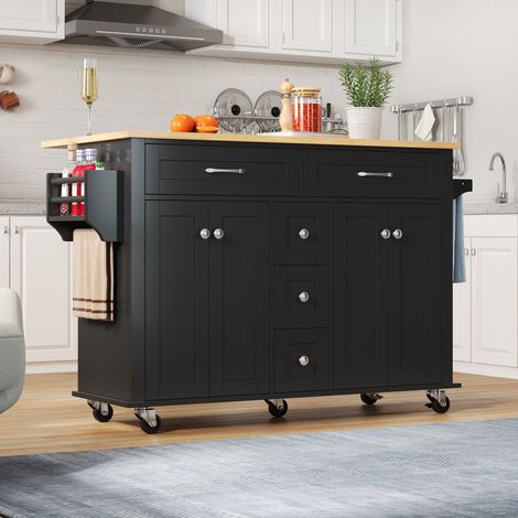 Eifson – Desserte de cuisine avec plan de travail rabattable – 5 tiroirs et placard – Roulettes silencieuses – Dimensions 140x65x89 cm – Noir