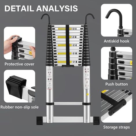 Stanew – Échelle télescopique pliante 6.2M en aluminium – Stabilisateur et crochets amovibles – Marches antidérapantes de 40cm – Charge maximale élevée — photo 5