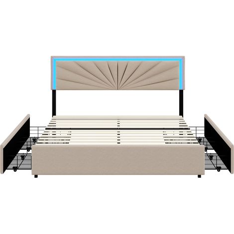 Dans Les Nuages – Lit double capitonné 160x200 cm – Tissu lin beige – Éclairage LED télécommandé – 4 tiroirs de rangement – Style scandinave moderne — photo 5