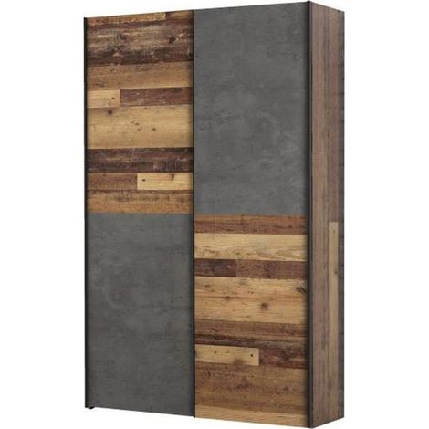 Les Tendances – Armoire coulissante 2 portes 120x42x190,5 cm – Panneaux de particules – Finition vieux bois vintage et béton gris foncé – 6 tablettes — photo 1
