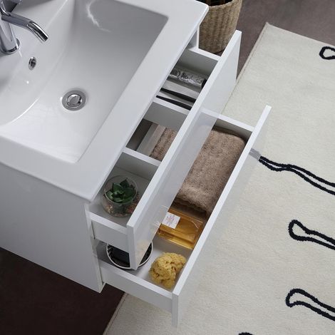 Kiamami Valentina – Meuble de salle de bain suspendu 60cm – Lavabo en céramique – 2 tiroirs avec fermeture ralentie – Finition blanc brillant — photo 4