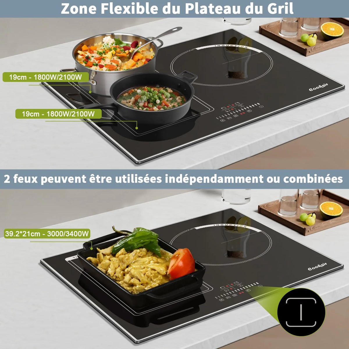 2026 Cooksir Plaque Induction 3 Feux avec Cadre, Table de Cuisson Induction 60cm Encastrable, 6800W, Commande Tactile à Curse