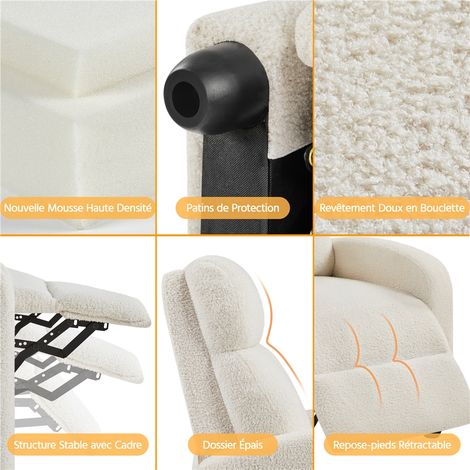 Yaheetech – Fauteuil relax en tissu bouclette ivoire – Dossier réglable jusqu'à 160° – Repose-pied – Capacité 120 kg – Dimensions 61,5x87x99 cm — photo 3