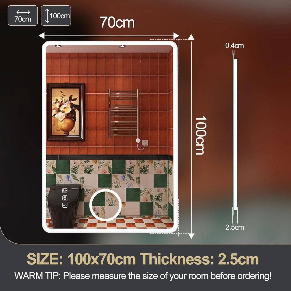 2026 Miroir de salle de bain S'bagno avec éclairage 1200 x 700 mm, IP44, LED, Bluetooth, antibuée, 3 couleurs de lumière (3 0