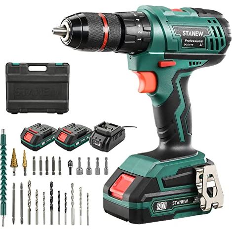 Stanew – Perceuse à percussion sans fil 20V avec 2 batteries 2.0Ah – Couple 35Nm – Mandrin tout métal 1/2" – ST919