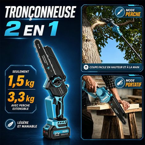 Tronçonneuse télescopique 8 pouces – Moteur Brushless 1200W – 2 batteries 4000 mAh – Extension jusqu'à 4m pour élagage précis - 2-en-1 — photo 4