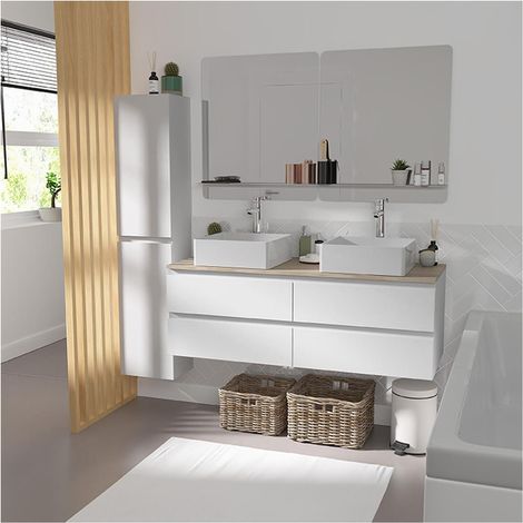 Mob-In – Meuble sous vasque double suspendu 120 cm – Plan effet bois résistant à l'eau – 4 tiroirs de rangement – Charnières à fermeture progressive — photo 5