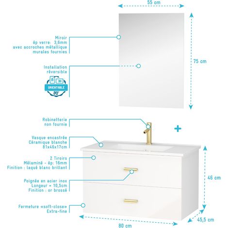 meuble salle de bains 80 cm laqué blanc et or doré à tiroirs avec vasque céramique et miroir — photo 4