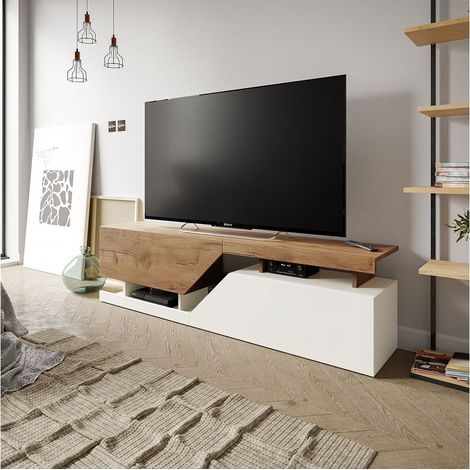 Mobilier1 – Meuble TV blanc et chêne wotan 160x47x35cm – 2 portes – Panneau stratifié 16mm – Système 'Push to Open' pour accès facile — photo 6