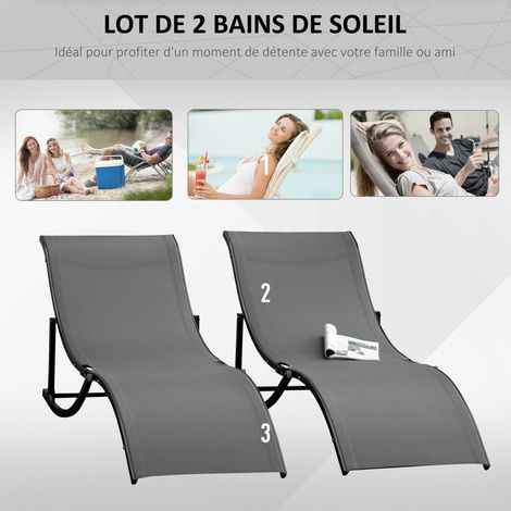 Outsunny – Bain de soleil pliable en aluminium – Lot de 2 – Textilène haute densité 560 g/m² – Dimensions 165x61x63 cm – Charge max 120 kg – Anthracite — photo 5