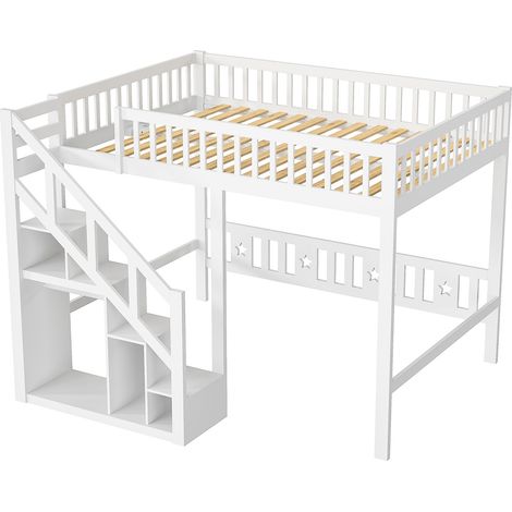 Lit mezzanine 140x200,lit mezzanine enfant avec escalier de rangement,penderie intégrée,étagère de rangement,barrière de lit antichute,lit en bois massif,blanc — photo 3