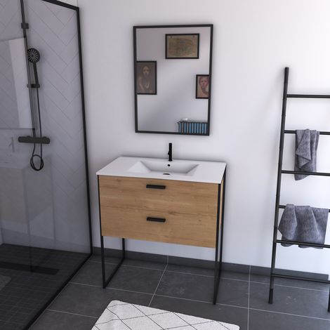 Aurlane – Ensemble meuble de salle de bain 90x45cm – Caisson MDF chêne naturel – Vasque céramique blanche avec trop plein – Miroir cadre noir mat — photo 6