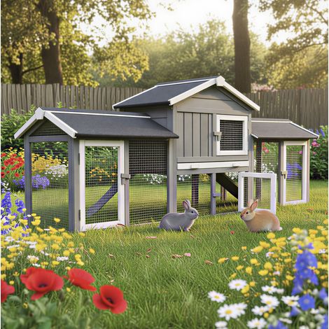 Bb-Loisir – Cage clapier enclos lapin extérieur en bois 210x54x85,5cm – Grand espace avec rampe en bois – Accès facile par 4 portes – Résistant aux intempéries — photo 1