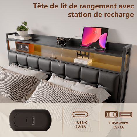 Dans Les Nuages – Lit coffre 160x200 cm avec éclairage LED – Rangement hydraulique – Charge USB-A/C – Sommier à lattes en bois – Similicuir noir — photo 4