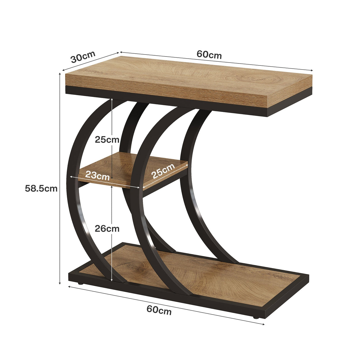 Tribesigns Table d'appoint 3 niveaux 60 cm, Table d'appoint design industriel en forme de C