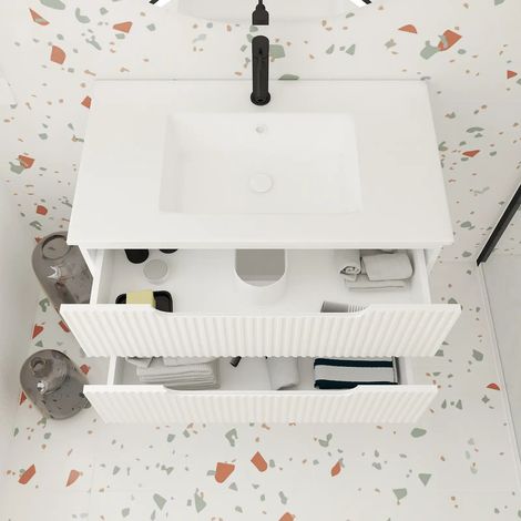 meuble de salle de bains leon 80cm blanc neige - 2 tiroirs en mdf ondulés - vasque à encastrer — photo 2