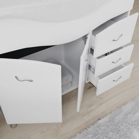 Kiamami Valentina – Ensemble meuble salle de bain 105 cm – Lavabo céramique – Miroir avec éclairage LED – 2 portes et 3 tiroirs – Blanc brillant — photo 2