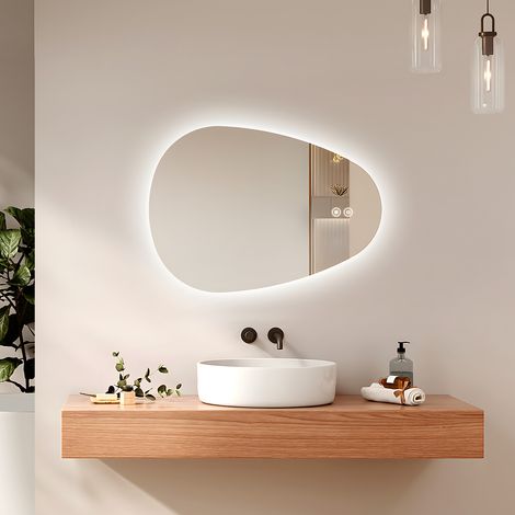 EMKE Miroir lumineux de salle de bain rétro-éclairage, miroir salle de bain asymétrique, anti-buée, interrupteur tactile, 3 couleurs de lumière dimmables, 80 x 60 cm — photo 1