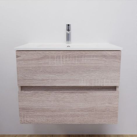 Meuble salle de bain suspendu 70 cm ROSALY- Bois- Plan vasque en Céramique — photo 1